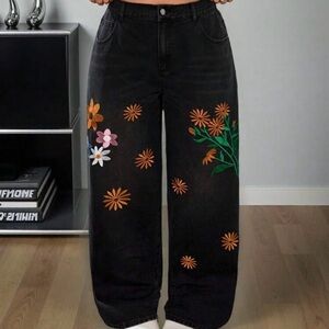 Black Wide-Leg Jeans with Orange Floral Embroidery